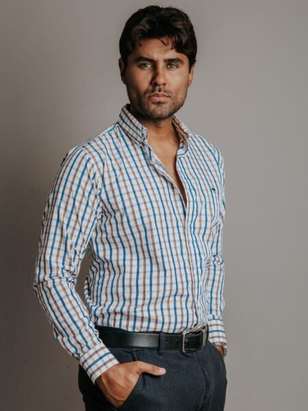 Camisa Hombre Casual Cuadros Blancos Lineas Beige, Azul 1