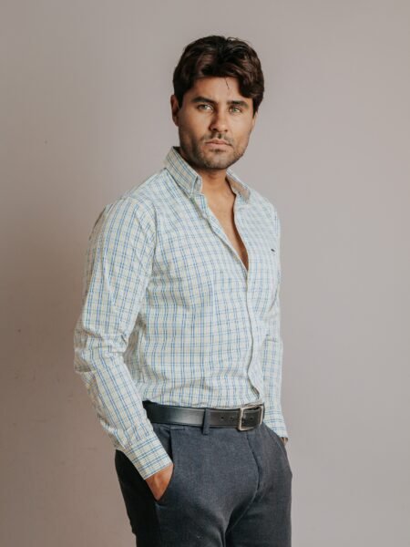 Camisa Hombre Casual Mini Cuadros Amarillos, Azules 4