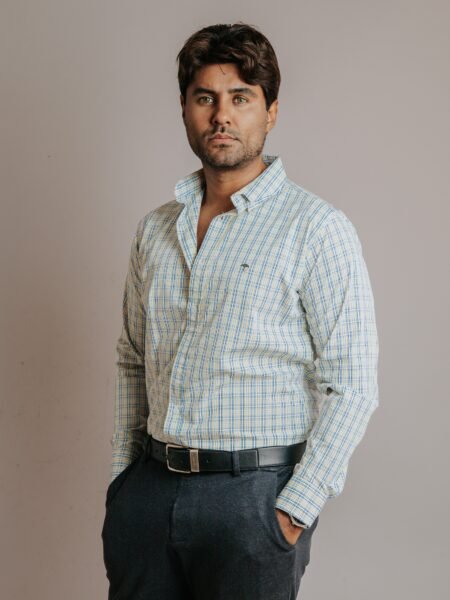 Camisa Hombre Casual Mini Cuadros Amarillos, Azules