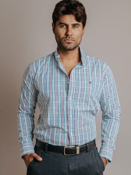 Camisa Hombre Casual Cuadros Azules, Morado, Blancos