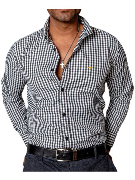 Camisa Hombre Casual Mini Cuadros Negros, Blancos
