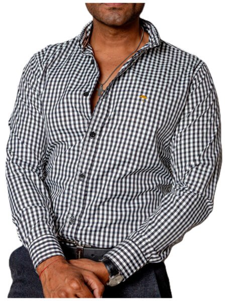 Camisa Hombre Casual Mini Cuadros Negros, Blancos 1