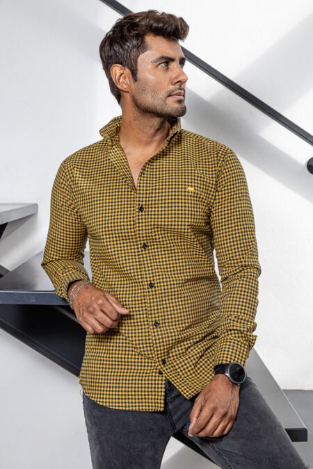 Camisa Hombre Casual Mini Cuadros Amarillos, Negros