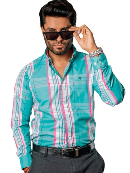 Camisa Hombre Casual Verde Turquesa Lineas Rosas, Blancas