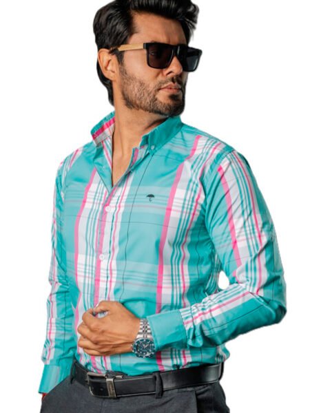 Camisa Hombre Casual Verde Turquesa Lineas Rosas, Blancas 2