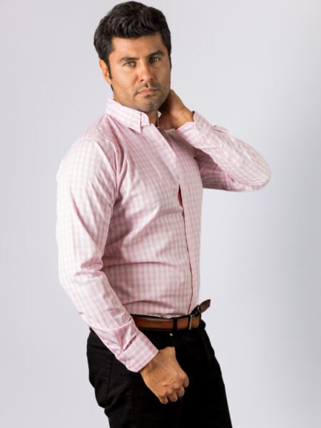 Camisa Hombre Casual Mini Cuadros Rosas Claro, Blancos 2
