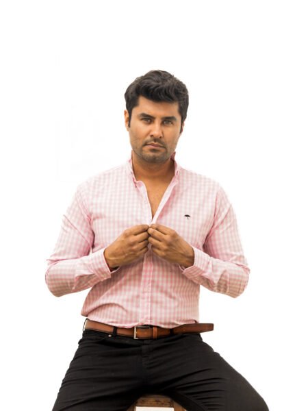 Camisa Hombre Casual Mini Cuadros Rosas Claro, Blancos