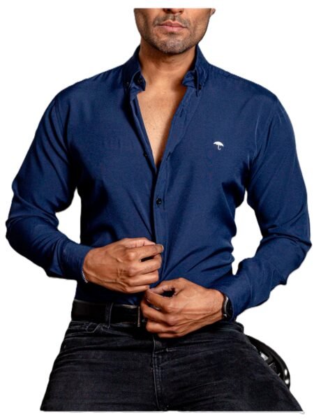 Camisa Hombre Casual Manga Larga Azul Marino Lisa