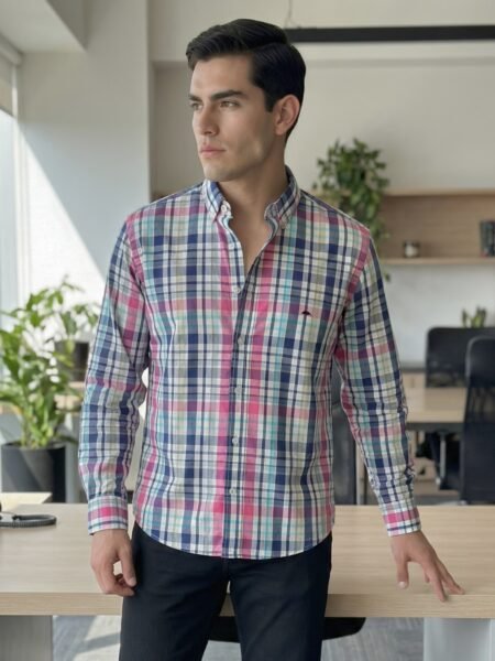 Camisa Hombre Casual Cuadros Blancos Rosas Azules 1