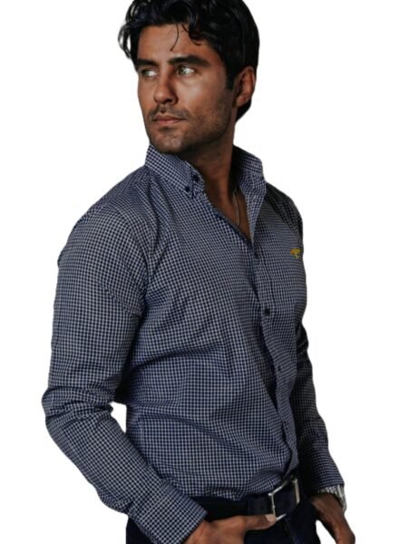 Camisa Hombre Casual Mini Cuadros Azul Marino, Blancos