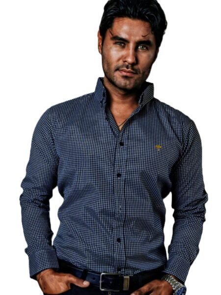 Camisa Hombre Casual Mini Cuadros Azul Marino, Blancos 1