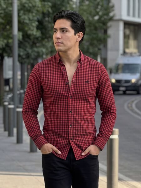 Camisa Hombre Casual Mini Cuadros Rojos, Negros 1