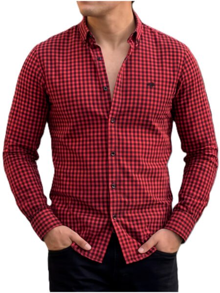 Camisa Hombre Casual Mini Cuadros Rojos, Negros 1