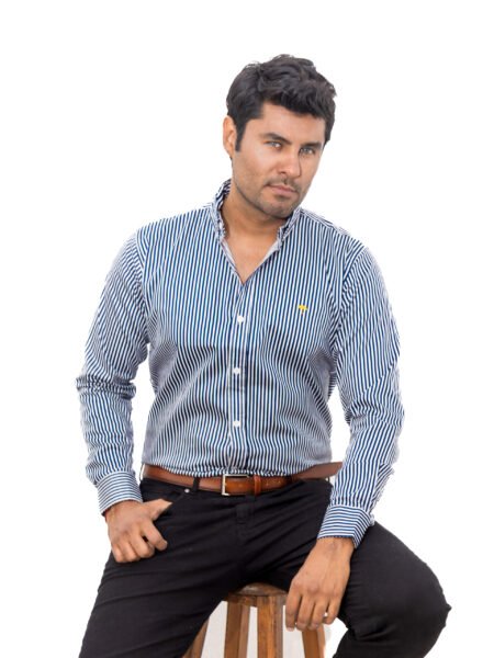 Camisa Hombre Casual Rayas Azul Marino, Blancas