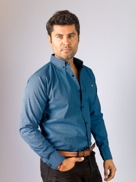 Camisa Hombre Casual Azul Mini Rombos Negros 2