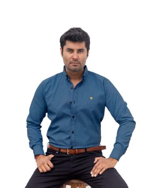 Camisa Hombre Casual Azul Mini Rombos Negros