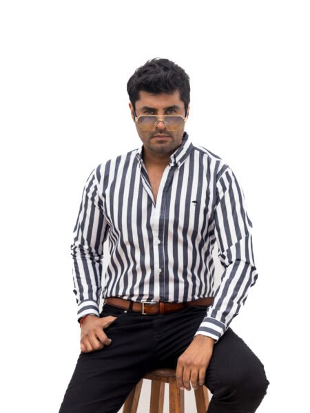 Camisa Hombre Casual Rayas Gris Oscuro, Blancas