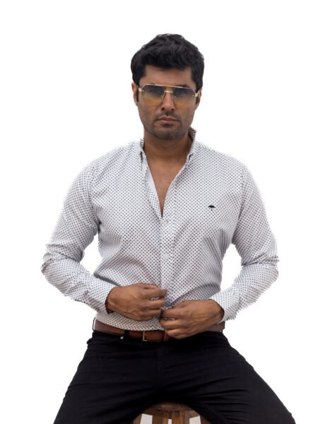 Camisa Hombre Casual Blanca Mini Circulos Negros