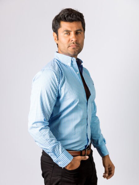 Camisa Hombre Casual Mini Cuadros Azul Claro, Blancos 3