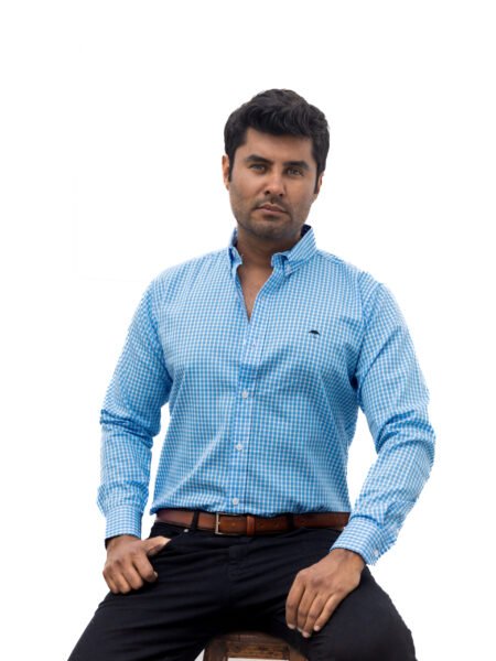 Camisa Hombre Casual Mini Cuadros Azul Claro, Blancos