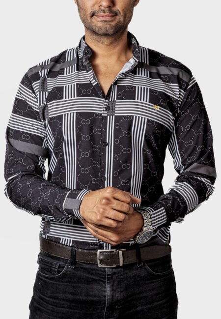 Camisa Hombre Casual Negra Rayas Blancas Figuras 1