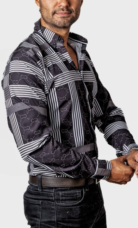 Camisa Hombre Casual Negra Rayas Blancas Figuras 2