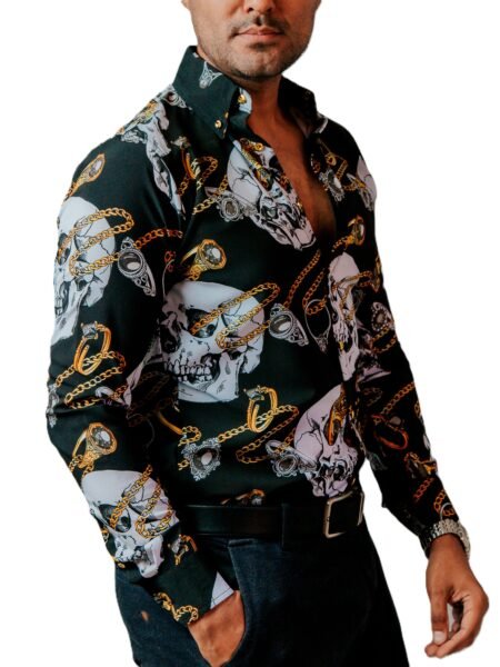 Camisa Hombre Casual Negra Calaveras Blancas Cadenas 1