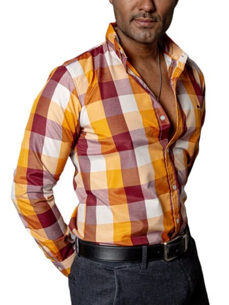 Camisa Hombre Casual Cuadros Naranja, Vino, Blancos 1