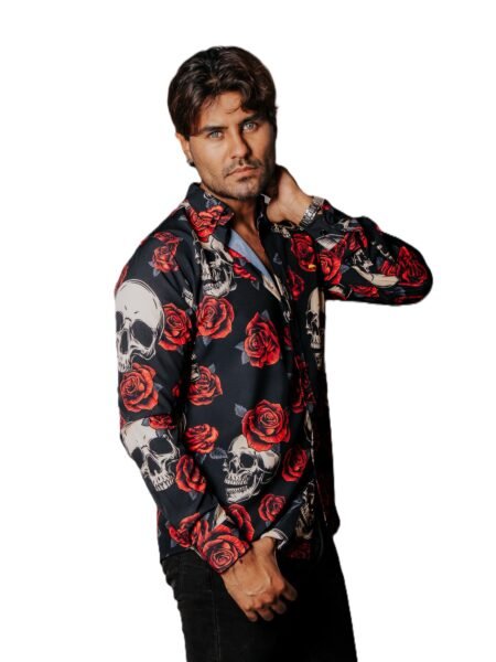 Camisa Hombre Casual Negra Rosas Rojas & Calaveras 1