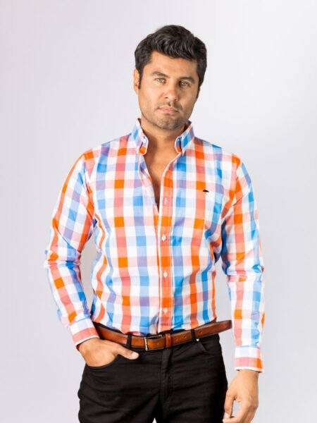 Camisa Hombre Casual Cuadros Naranjas, Blancos, Azules 1