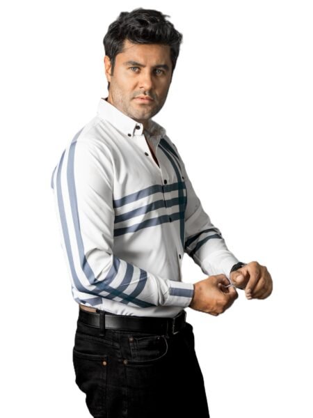 Camisa Hombre Casual Blanca Franjas Gris Flores 1