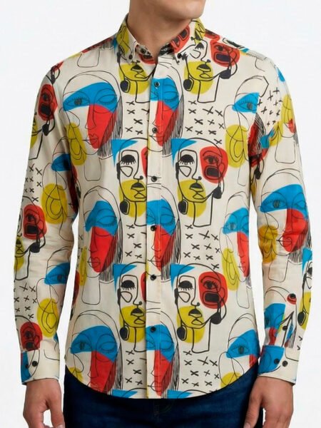 Camisa Hombre Casual Beige Arte Asbtracto Caras 1