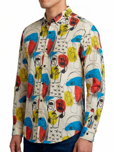 Camisa Hombre Casual Beige Arte Asbtracto Caras 2