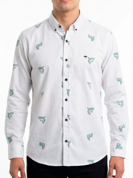 Camisa Hombre Casual Blanca Mini Figuras Tiburones