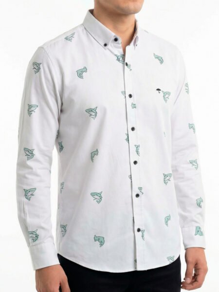 Camisa Hombre Casual Blanca Mini Figuras Tiburones 1