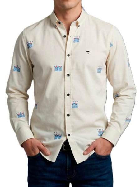 Camisa Hombre Casual Beige Mini Figuras Coronas