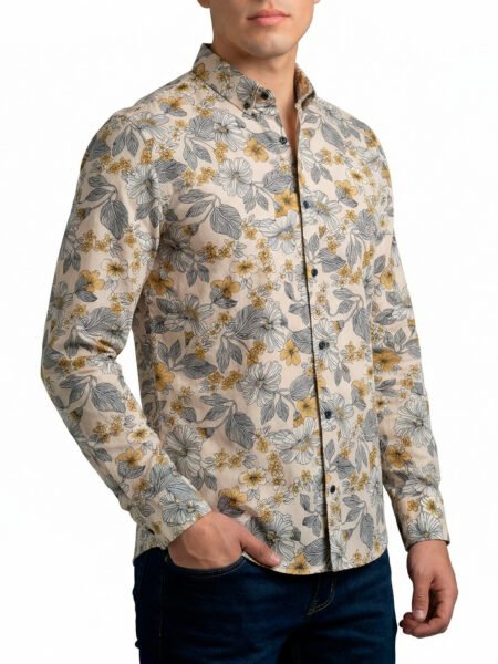 Camisa Hombre Casual Beige Mini Flores Amarillas 1