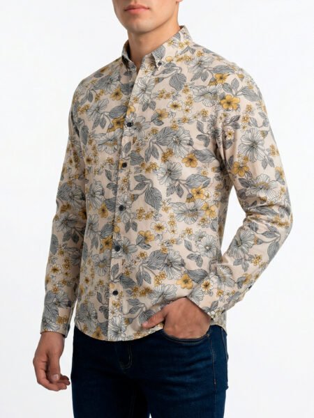 Camisa Hombre Casual Beige Mini Flores Amarillas 2