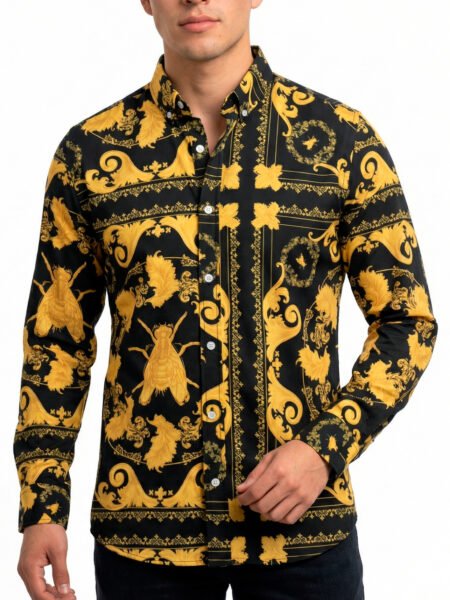 Camisa Hombre Casual Negra Floreada Amarilla Insecto 4