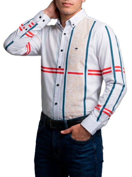 Camisa Hombre Casual Blanca Franjas Beige Flores, Colores