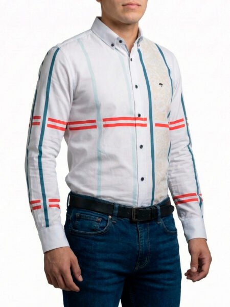 Camisa Hombre Casual Blanca Franjas Beige Flores, Colores 1