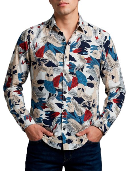 Camisa Hombre Casual Blanca Hojas Colores