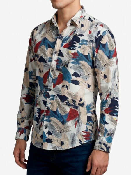 Camisa Hombre Casual Blanca Hojas Colores 1