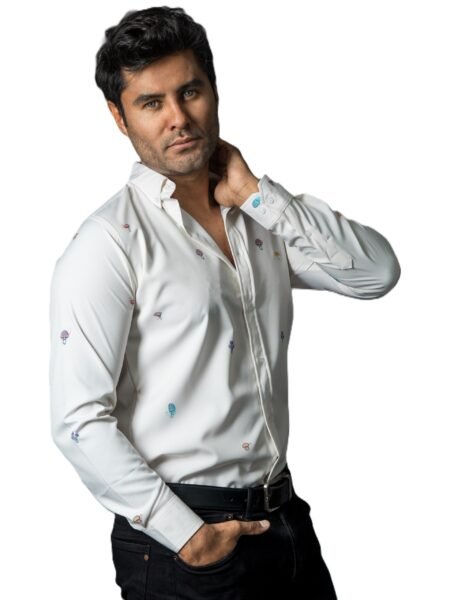 Camisa Hombre Casual Beige Mini Figuras Plantas 1