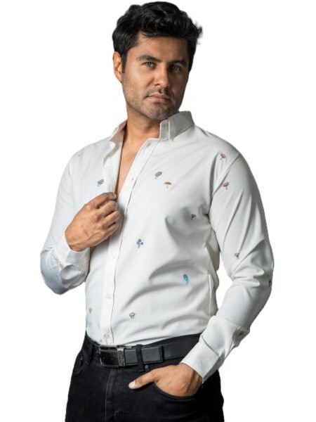 Camisa Hombre Casual Beige Mini Figuras Plantas 2