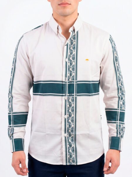 Camisa Hombre Casual Beige Franjas Marino Floral