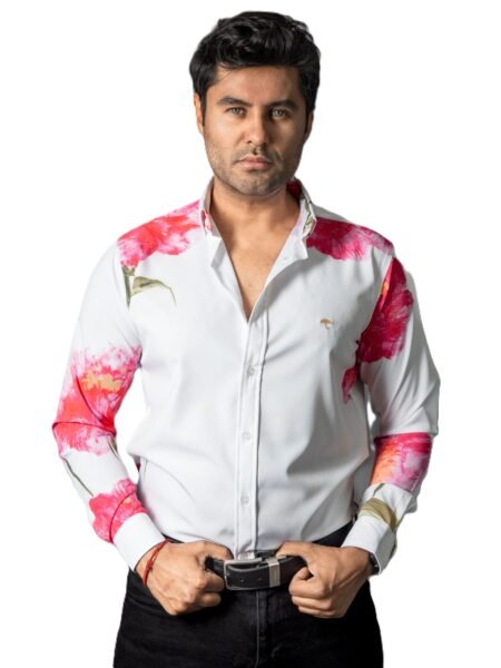 Camisa Hombre Casual Blanca Flores Rosas