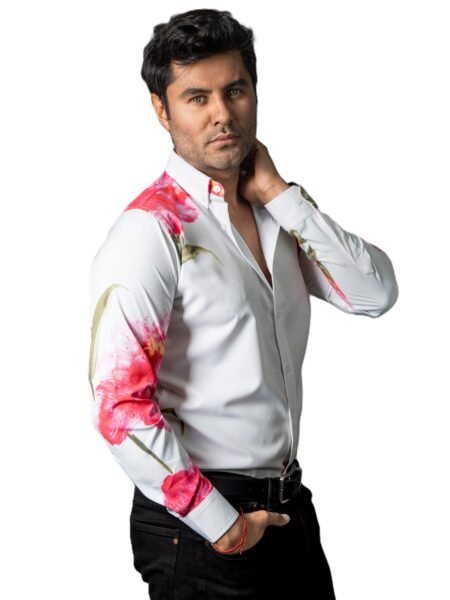 Camisa Hombre Casual Blanca Flores Rosas 1
