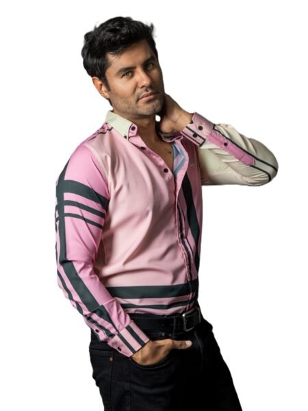 Camisa Hombre Casual Rosa & Amarillas Franjas Negras 1