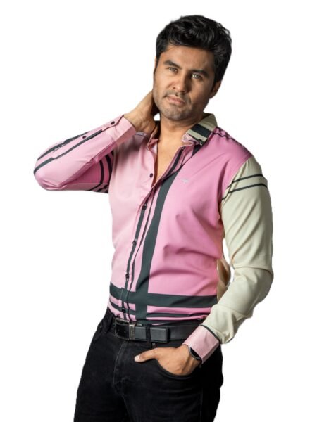 Camisa Hombre Casual Rosa & Amarillas Franjas Negras 2